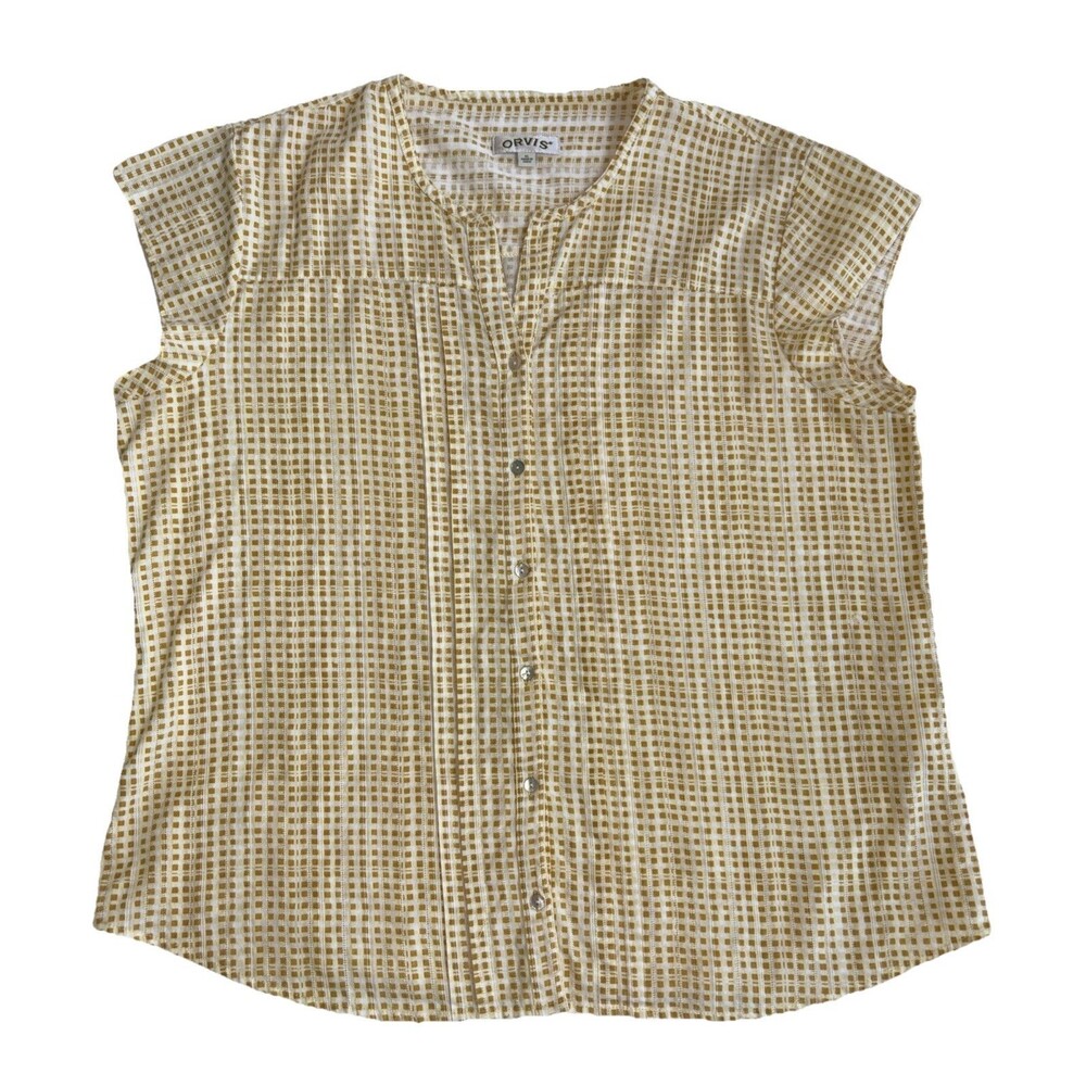 Ladies Orvis Gold/White Checked Cap Sleeve V Neck Button Down Top Size XL